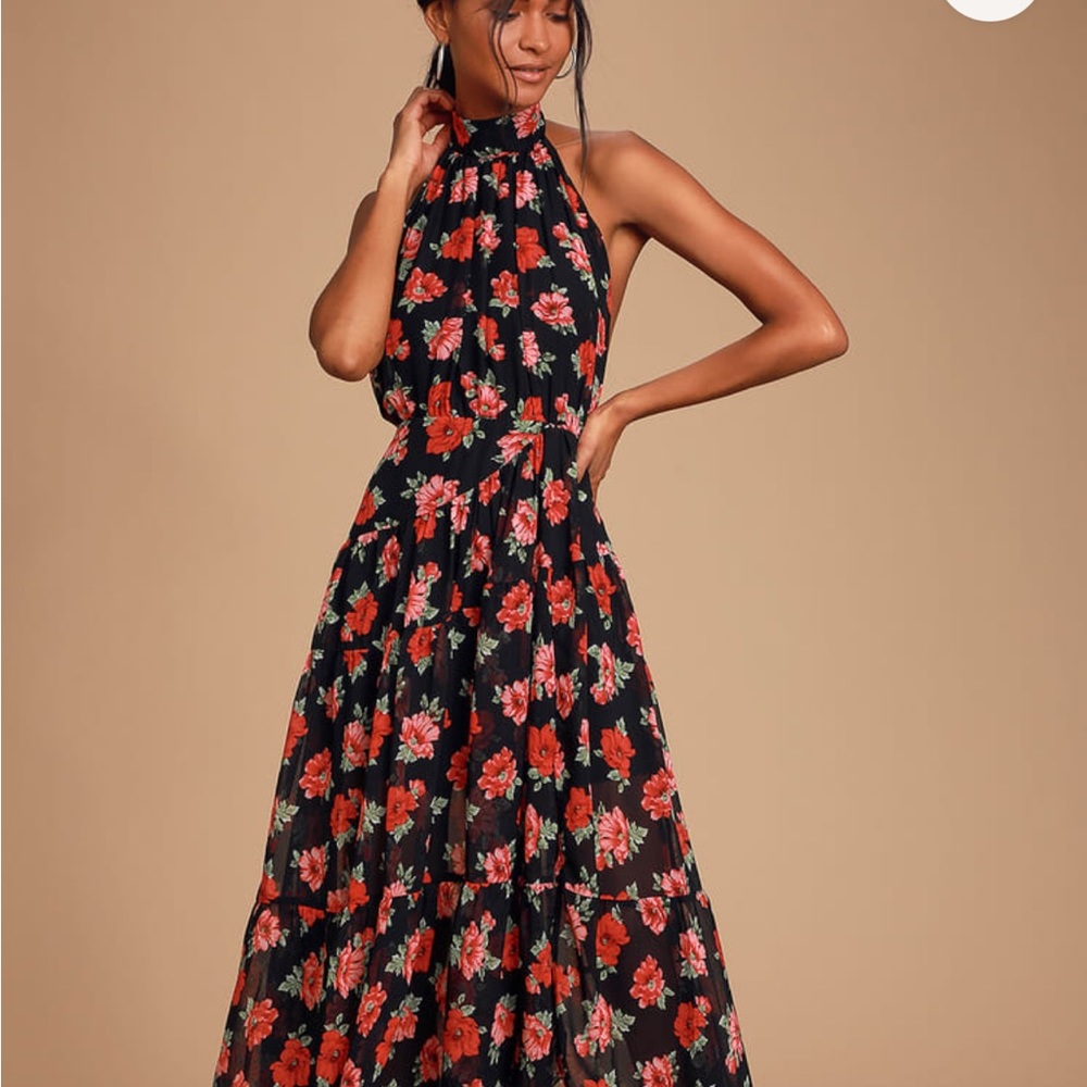 💫 NWT 💫 lulus - Jane Anne Black Floral Print Halter Maxi Dress